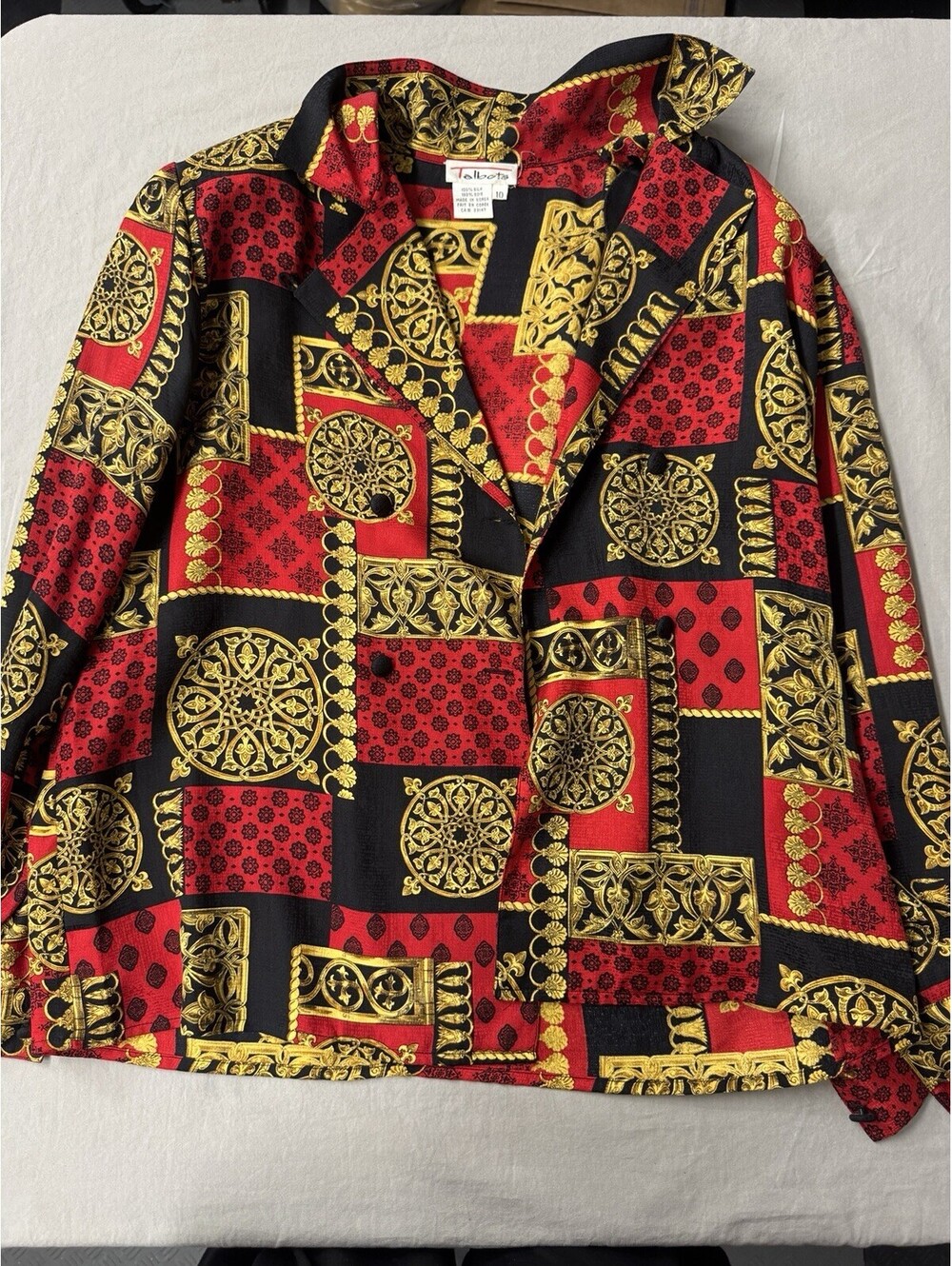 TALBOTS Vintage Silk Patchwork Double-Breasted Long Slv Button-Up Shirt Size 10